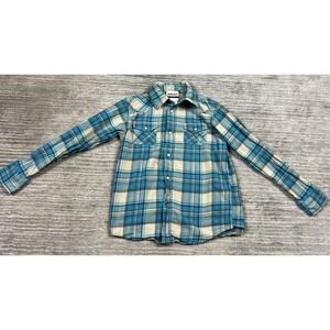 Ariat Shirt Boys Medium 10-12 Blue Plaid Pearl Snap Long Sleeve Flannel Retro